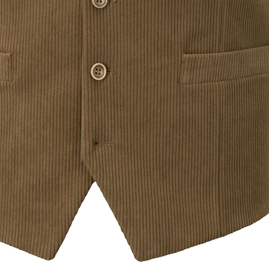 Brown corduroy vest with button details on a white background