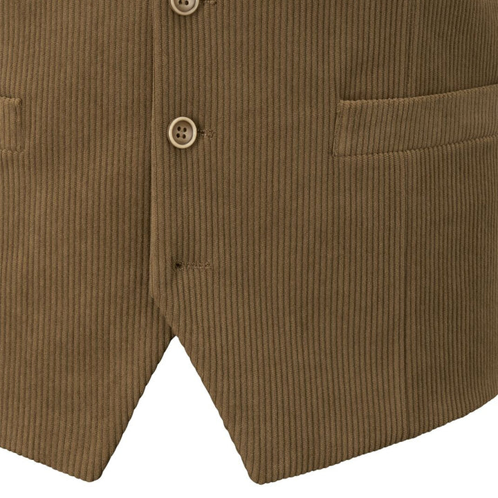 Brown corduroy vest with button details on a white background