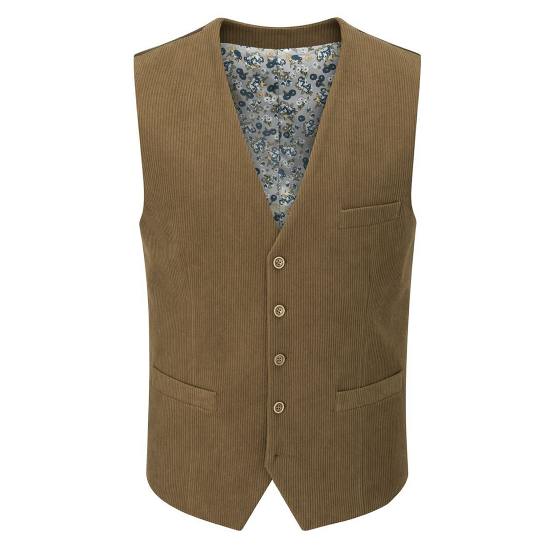 Brown corduroy vest with floral shirt lining on a white background