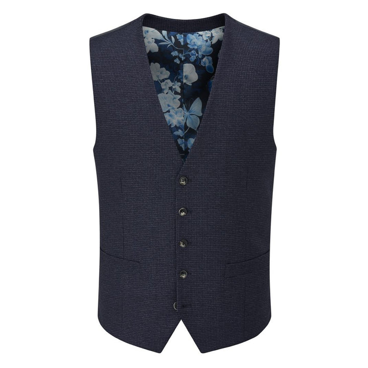 Navy blue waistcoat with floral lining on a white background