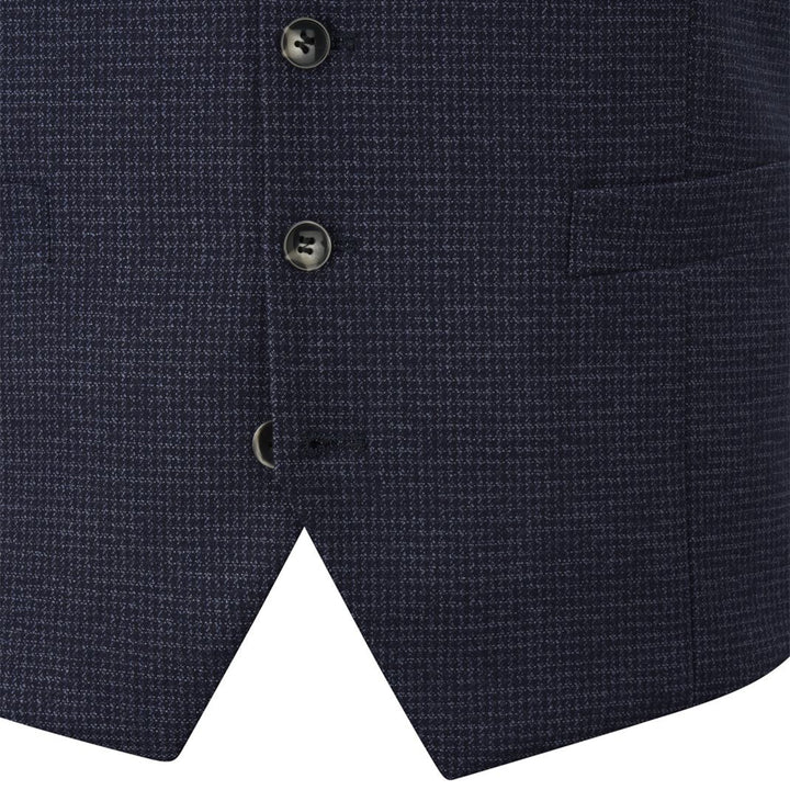 Navy blue textured vest with buttons on a white background