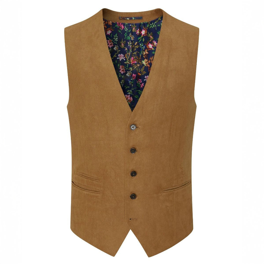 Brown vest with floral shirt underneath on a white background