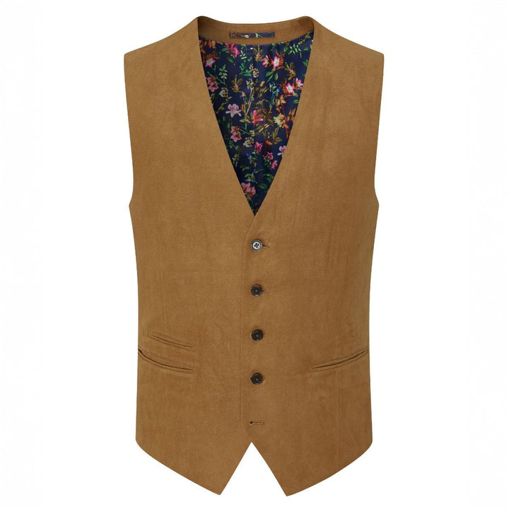 Brown vest with floral shirt underneath on a white background