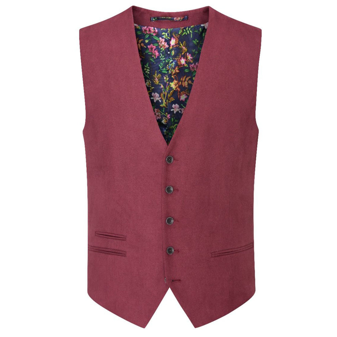 Maroon vest with floral patterned lining on a white background