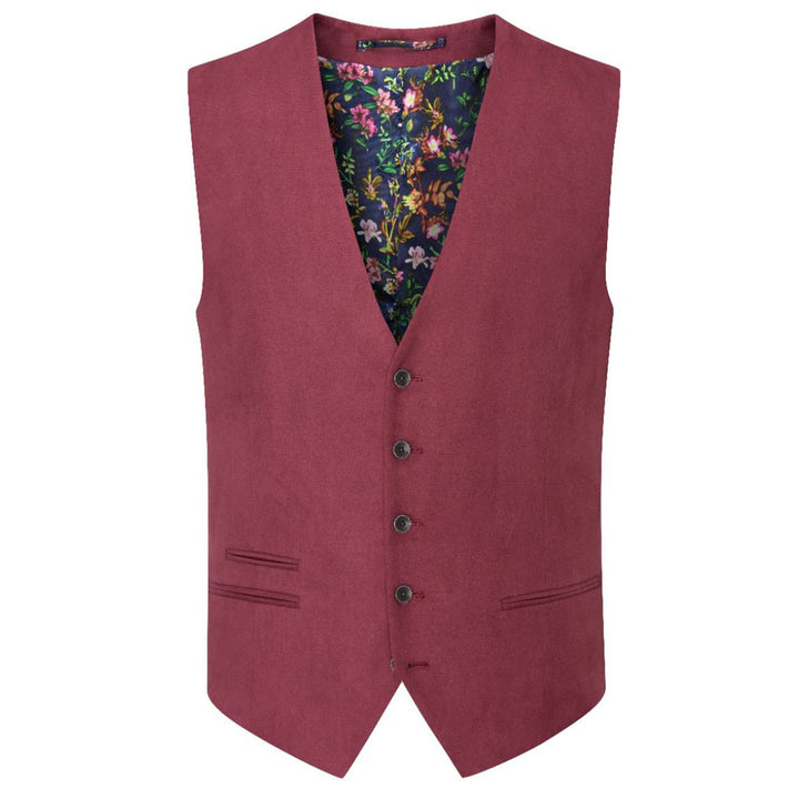Maroon vest with floral patterned lining on a white background