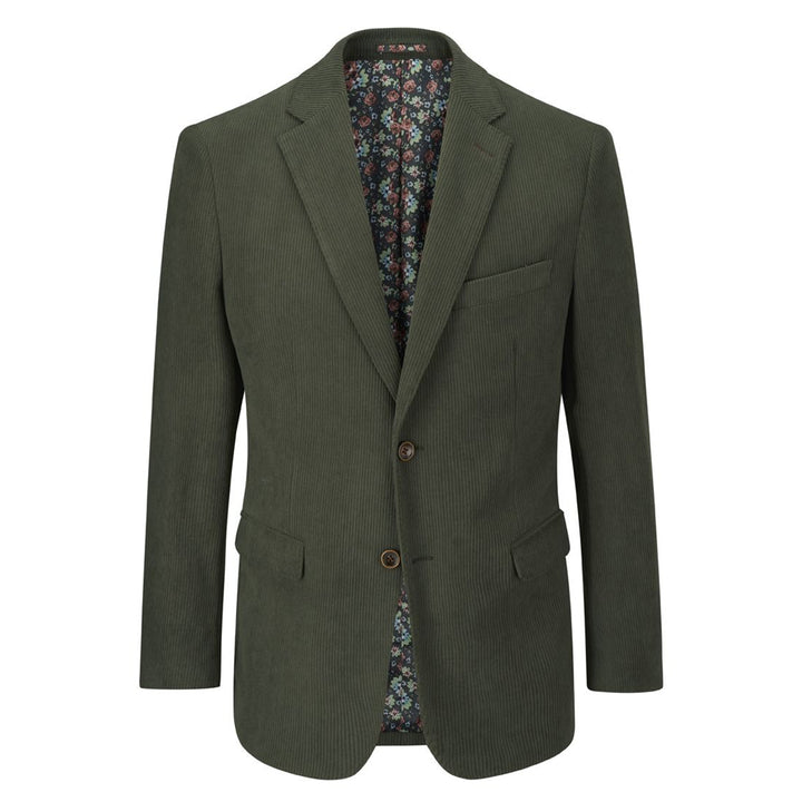 Green blazer with floral lining on a white background