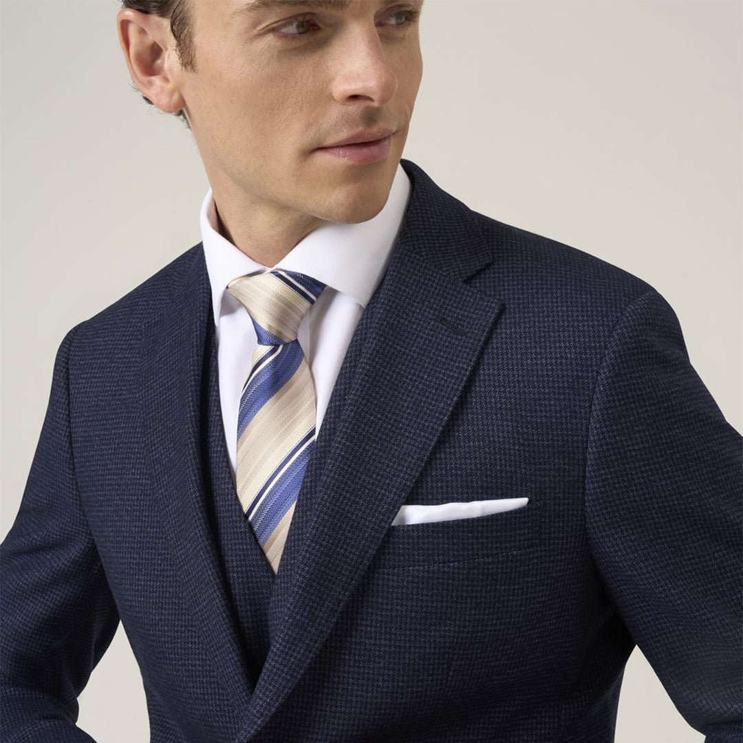 Man wearing a navy suit with a white shirt and striped tie on a light background