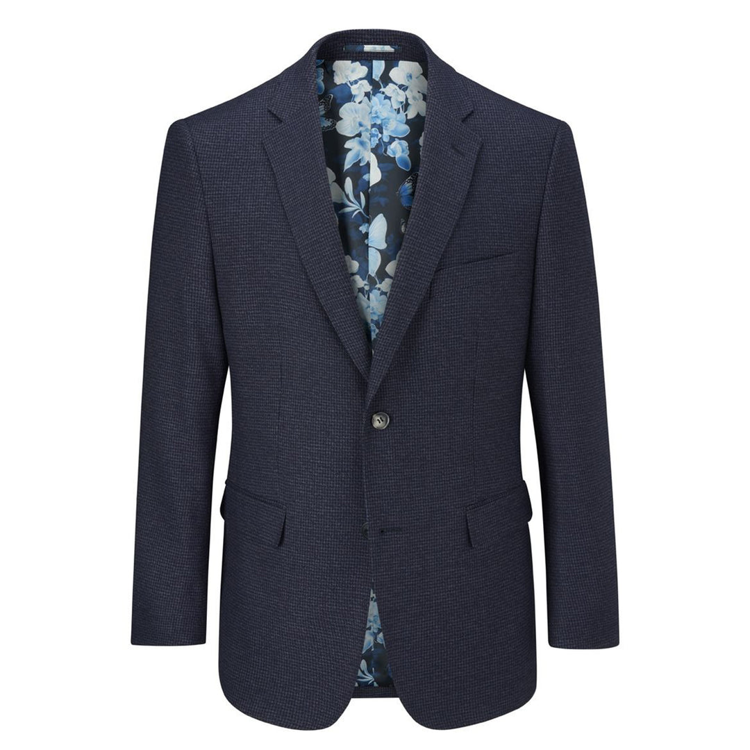 Navy blazer with floral shirt on a white background