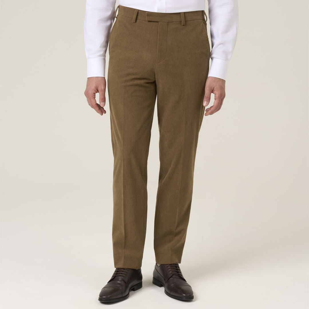 Brown dress pants worn by a person on a plain background