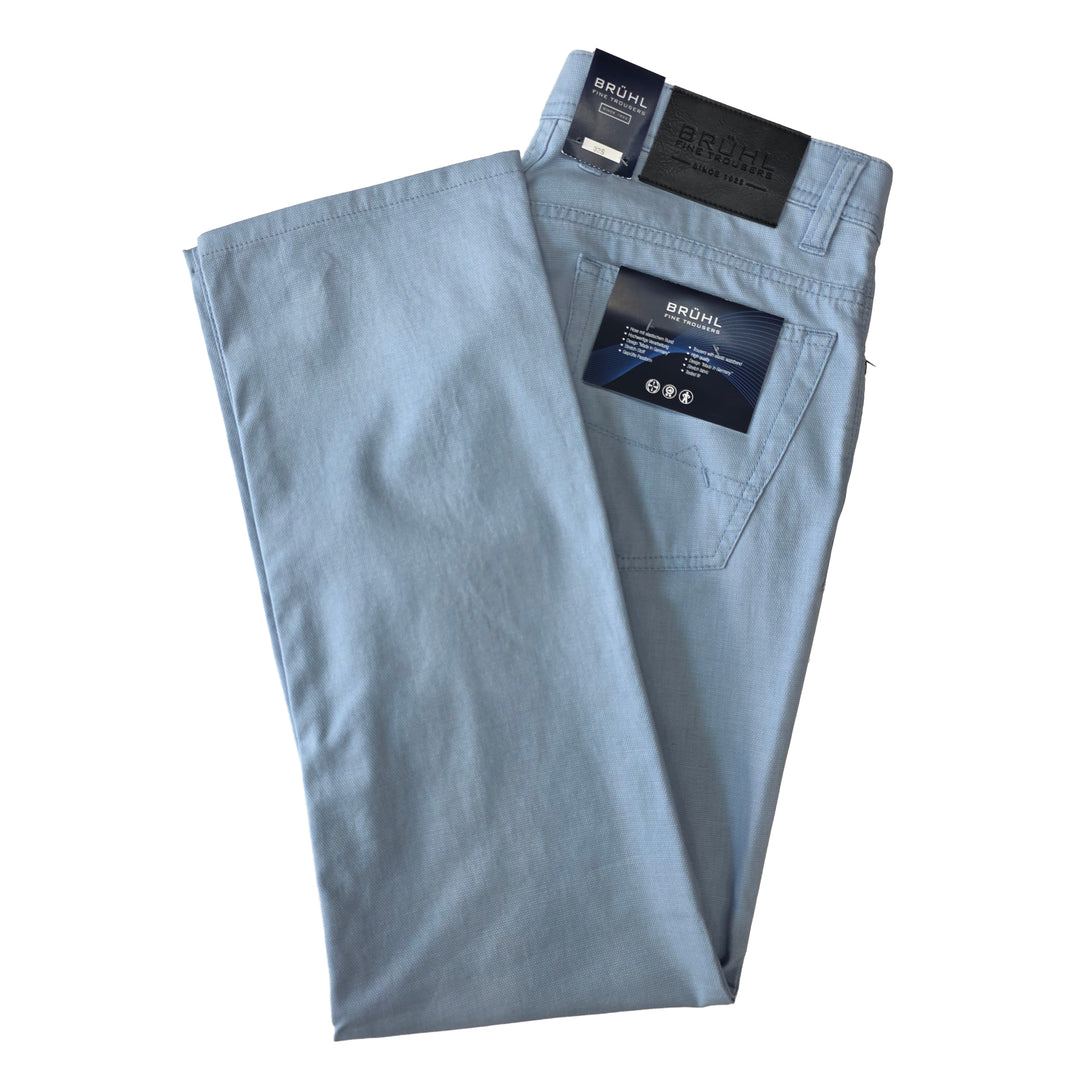 Light blue pants with Brühl labels on a white background