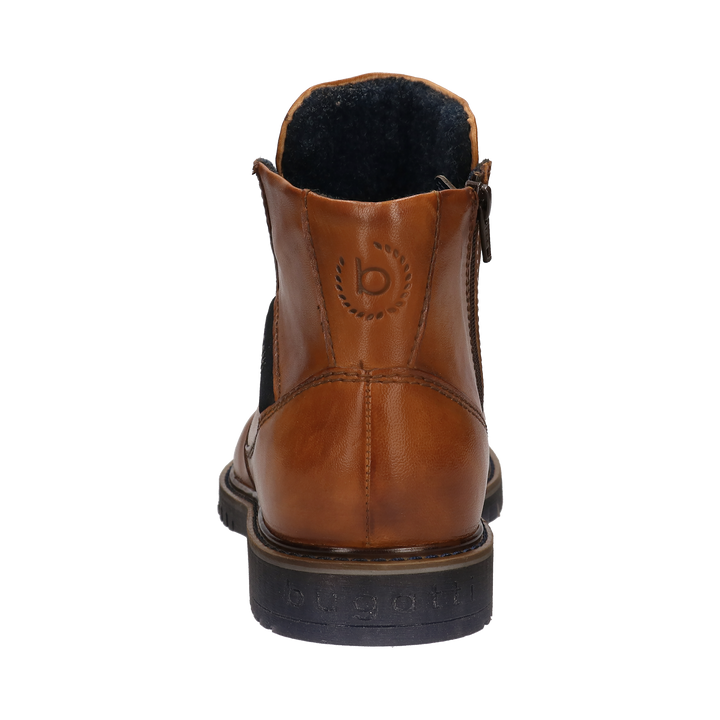 Bugatti Caj cognac brown mens leather ankle boot, back view showing heel and zip