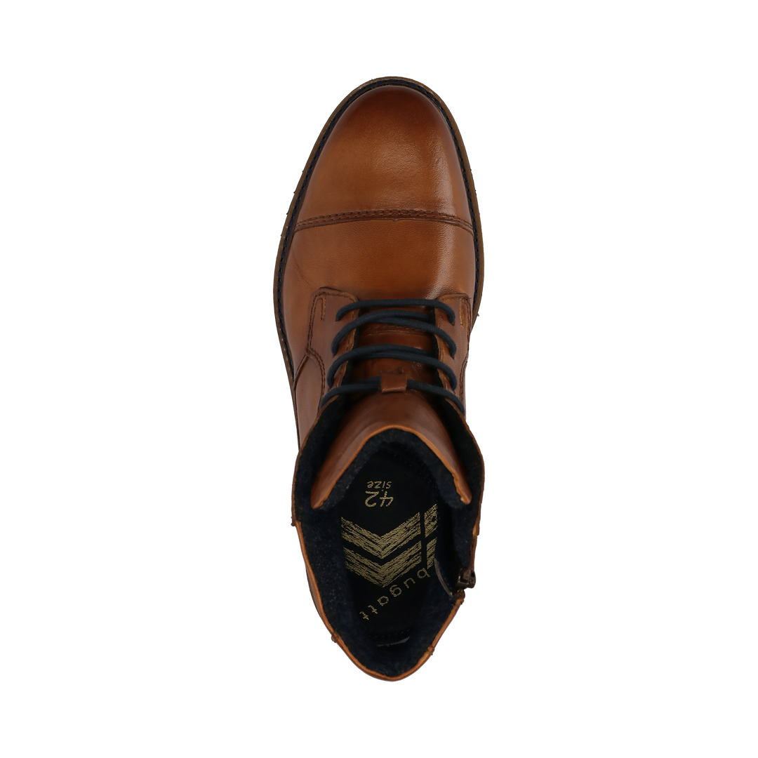 Bugatti Caj cognac brown mens leather ankle boot, top down view showing lacing and footbed