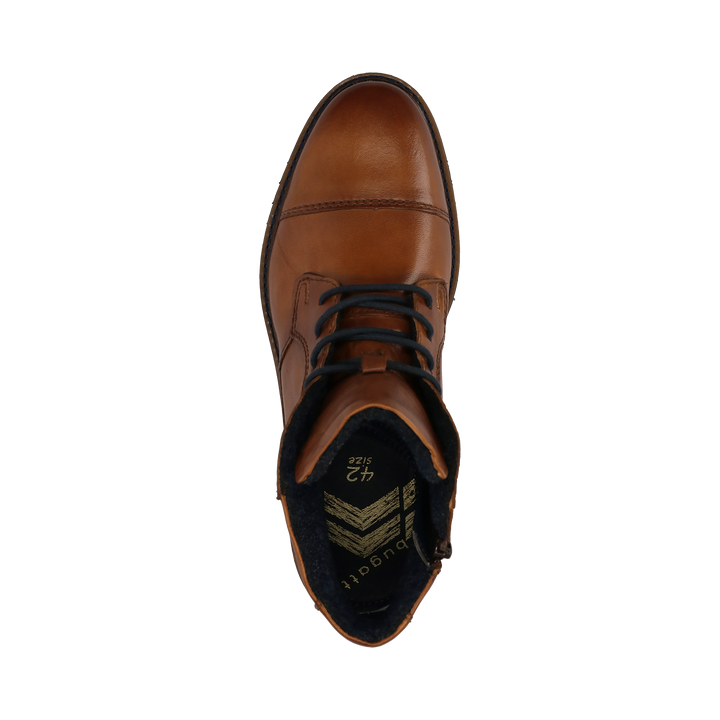Bugatti Caj cognac brown mens leather ankle boot, top down view showing lacing and footbed
