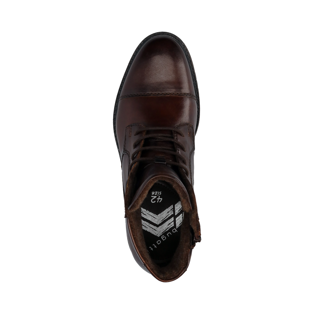 Bugatti Caj mid brown mens leather ankle boot, top down view showing lacing and footbed