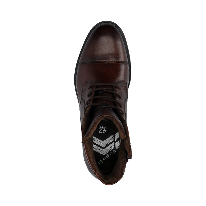 Bugatti Caj mid brown mens leather ankle boot, top down view showing lacing and footbed