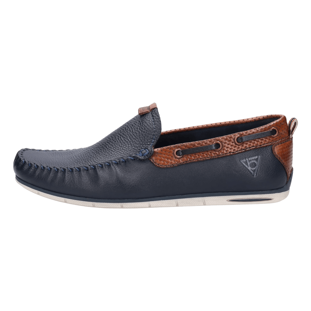 Bugatti Chelsey navy mens leather moccasin shoe with tan trim, outer side profile