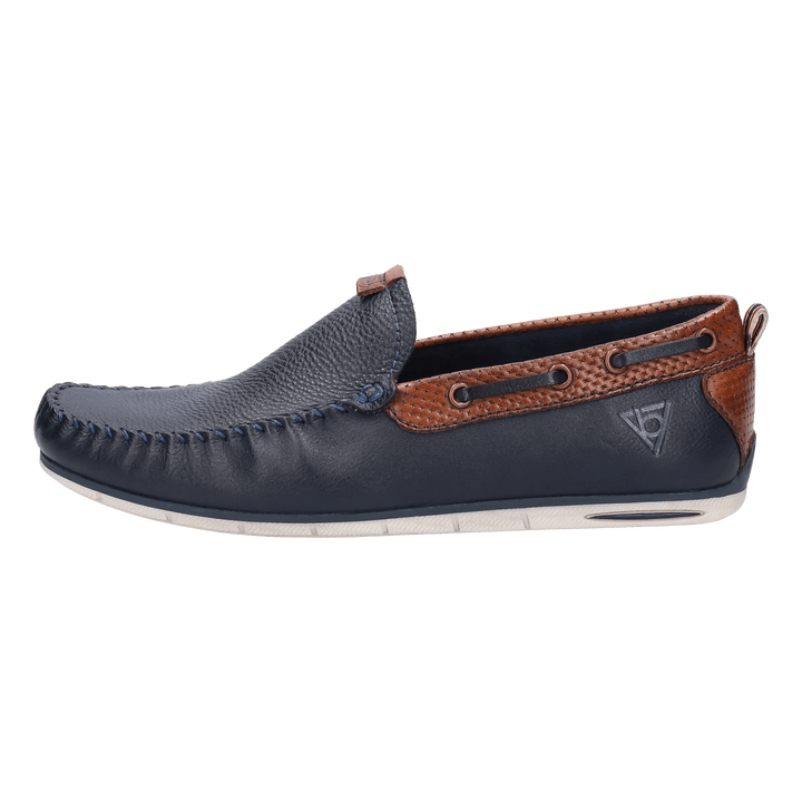 Bugatti Chelsey navy mens leather moccasin shoe with tan trim, outer side profile