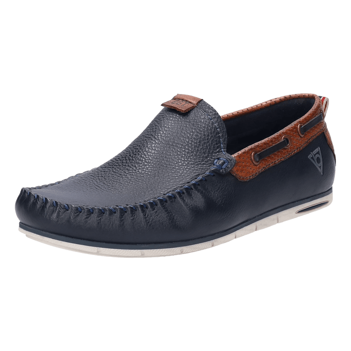 Bugatti Chelsey navy mens leather moccasin shoe, three quarter front view