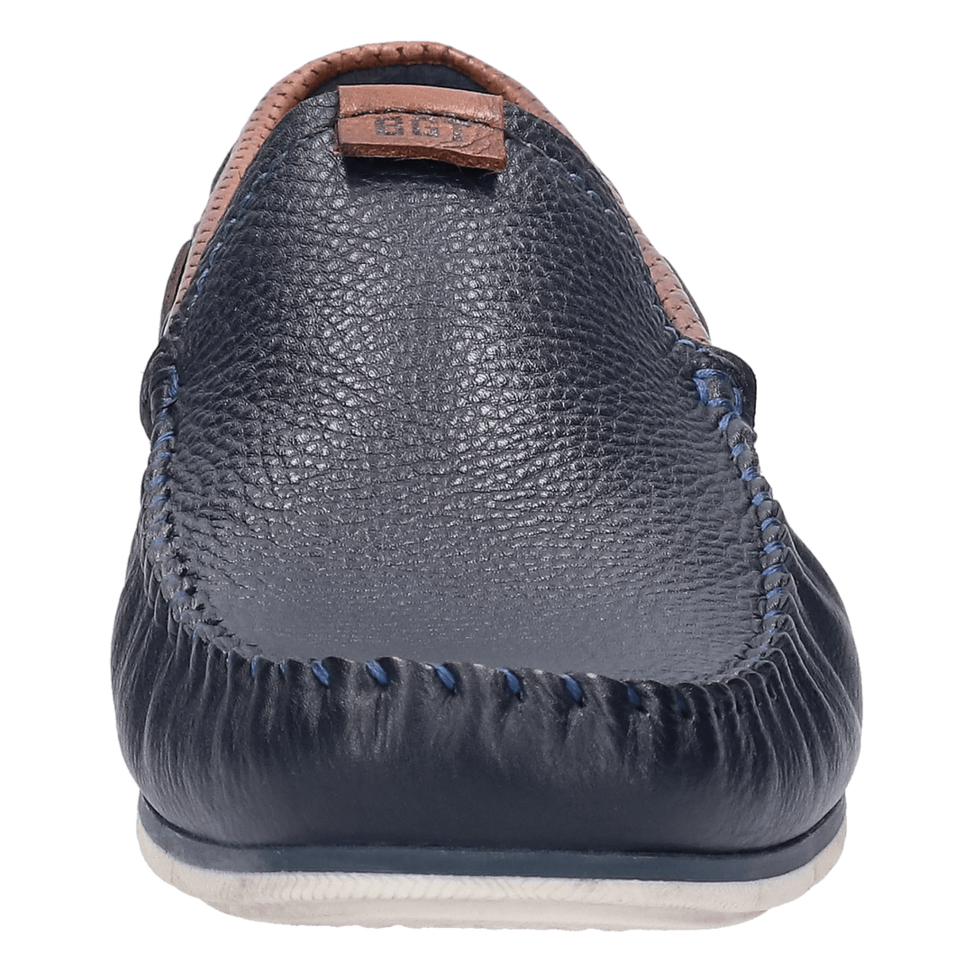 Bugatti Chelsey navy mens leather moccasin shoe, front view showing apron stitching