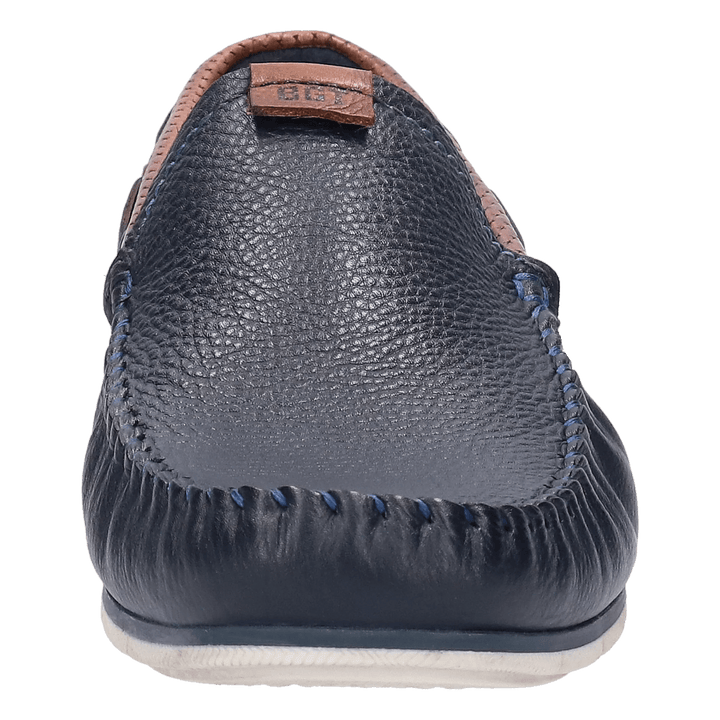 Bugatti Chelsey navy mens leather moccasin shoe, front view showing apron stitching
