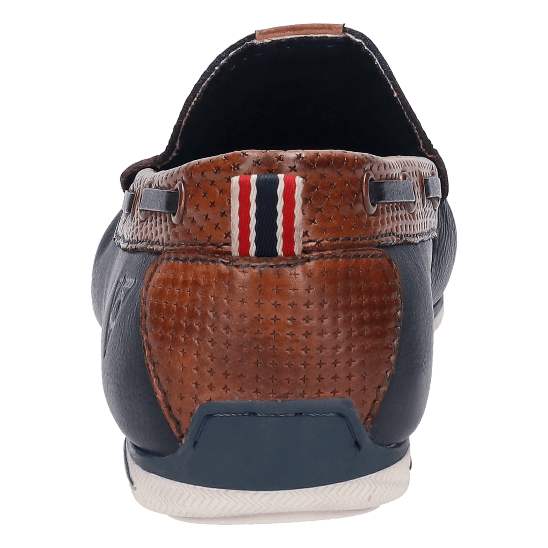 Bugatti Chelsey navy mens leather moccasin shoe, back view showing tan heel panel and stripe