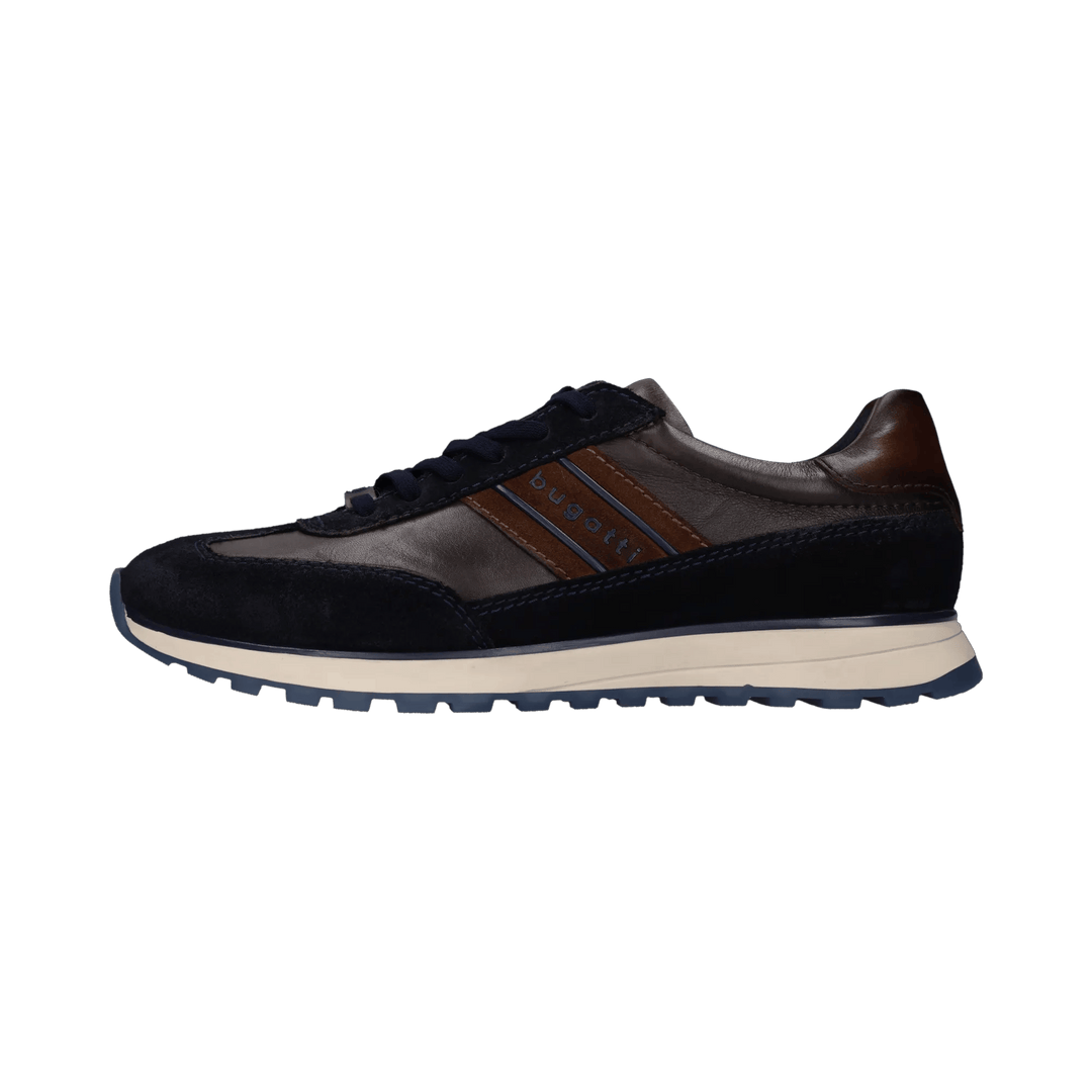 Bugatti navy mens leather trainer with tan stripe, outer side profile