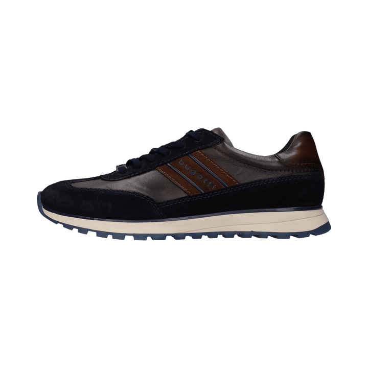 Bugatti navy mens leather trainer with tan stripe, outer side profile