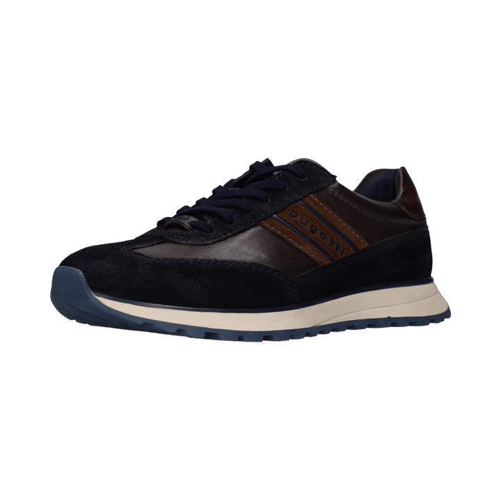Bugatti navy mens leather trainer, three quarter front view