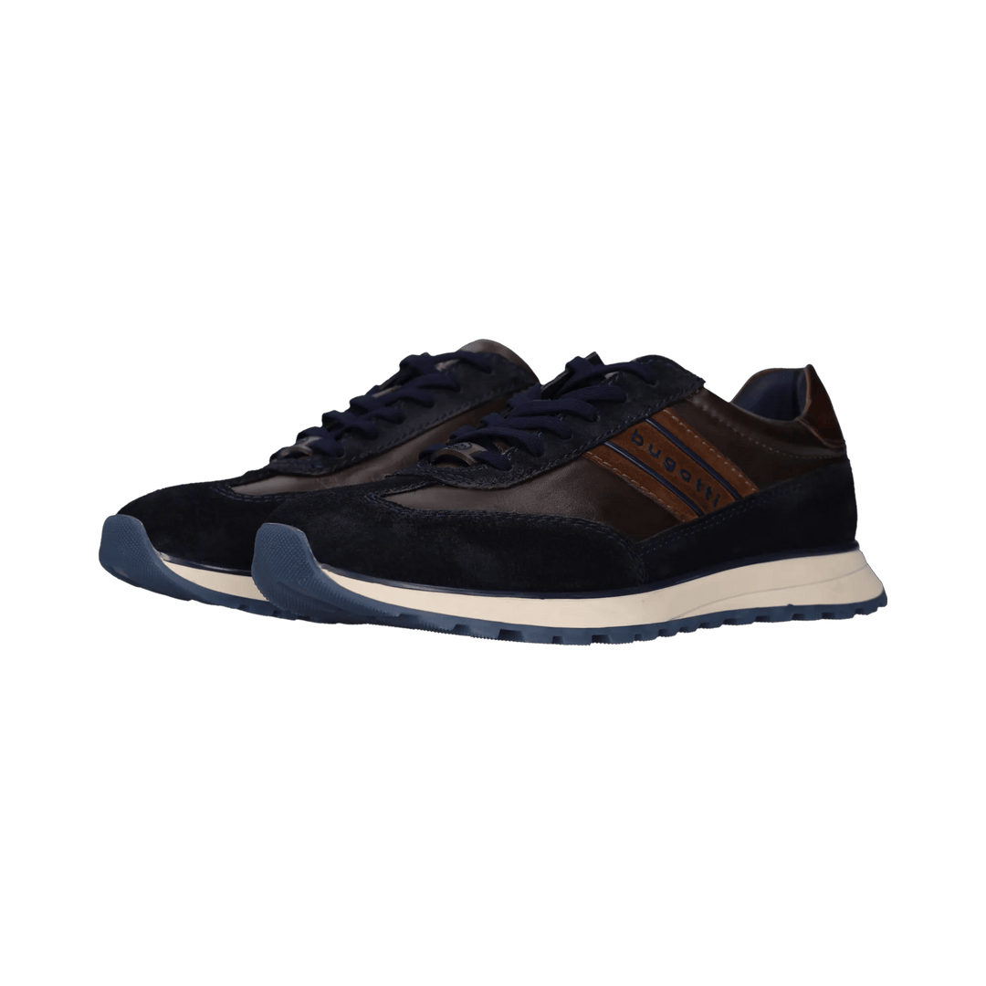 Bugatti navy mens leather trainer, front view