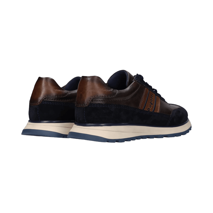 Bugatti navy mens leather trainer, back view showing heel and tan counter