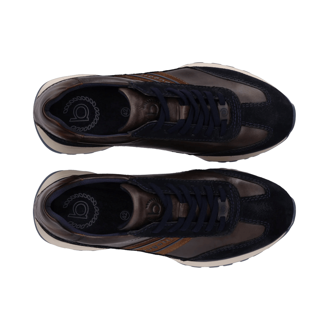 Bugatti navy mens leather trainers, top down view of the pair