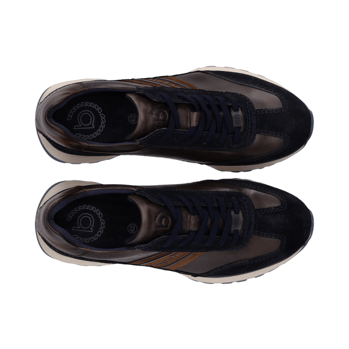 Bugatti navy mens leather trainers, top down view of the pair