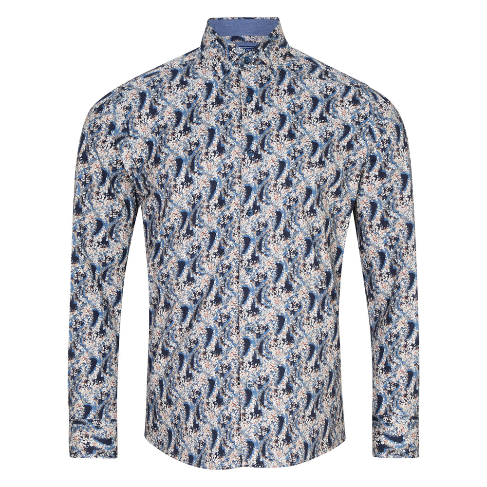 DG's Drifter Giovanni Dark Blue Print Long Sleeve Casual Shirt 14189 28, front view