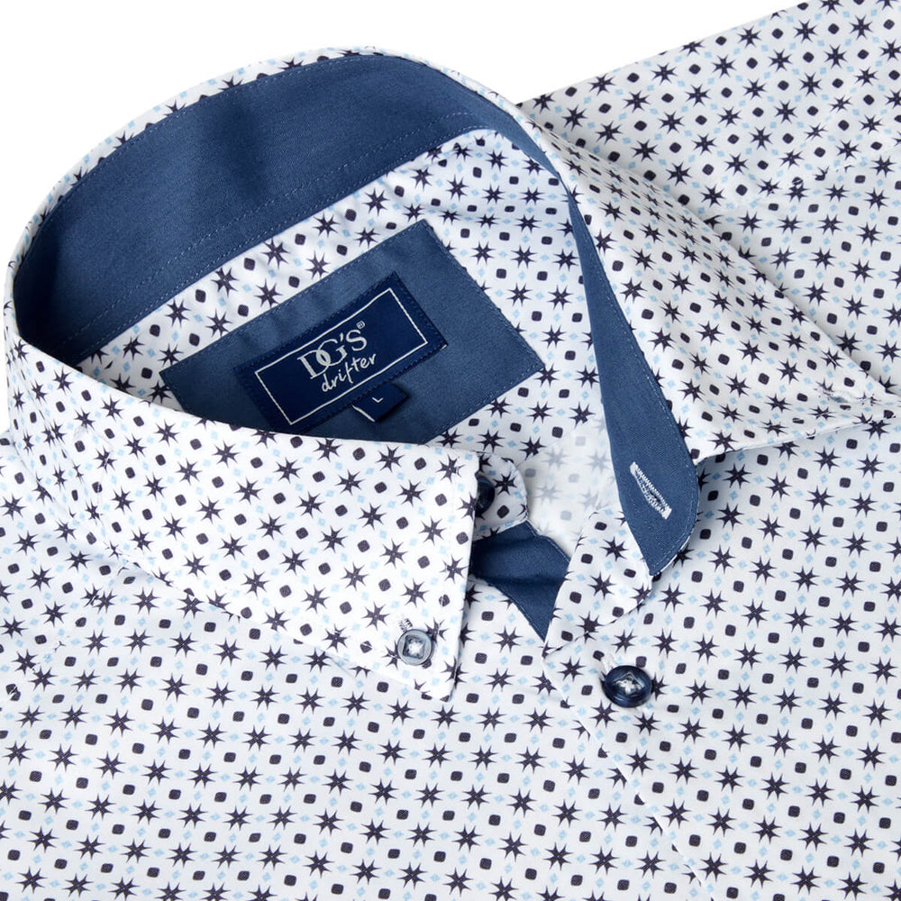 DG's Drifter 1-14495-18 Geneva Navy White Print Long Sleeve Shirt - Baks Menswear Bournemouth