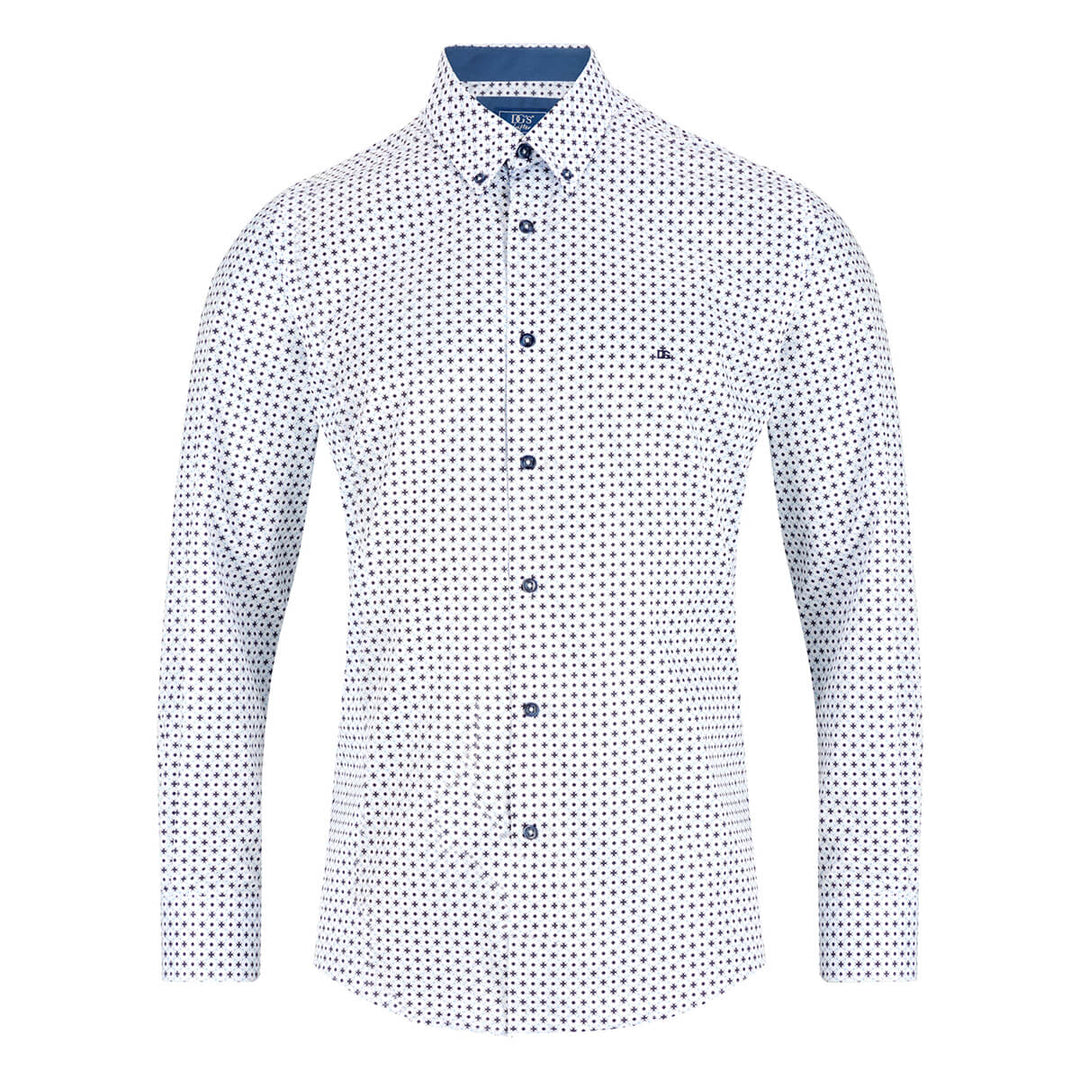 DG's Drifter 1-14495-18 Geneva Navy White Print Long Sleeve Shirt - Baks Menswear Bournemouth