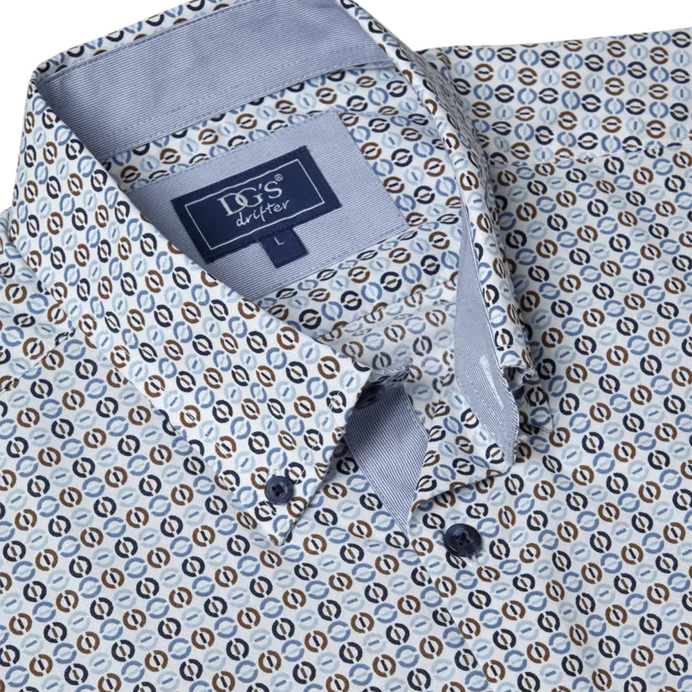 Patterned shirt with a visible brand label on a white background
