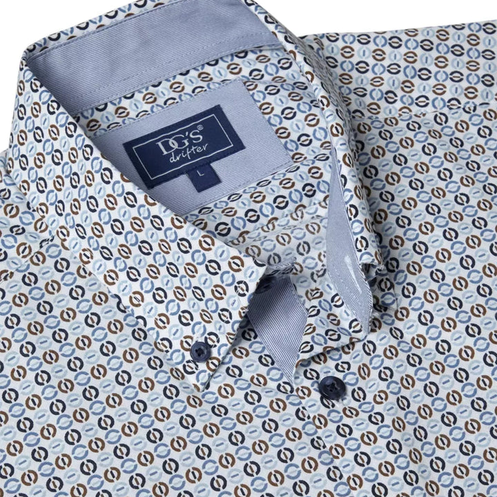 Patterned shirt with a visible brand label on a white background