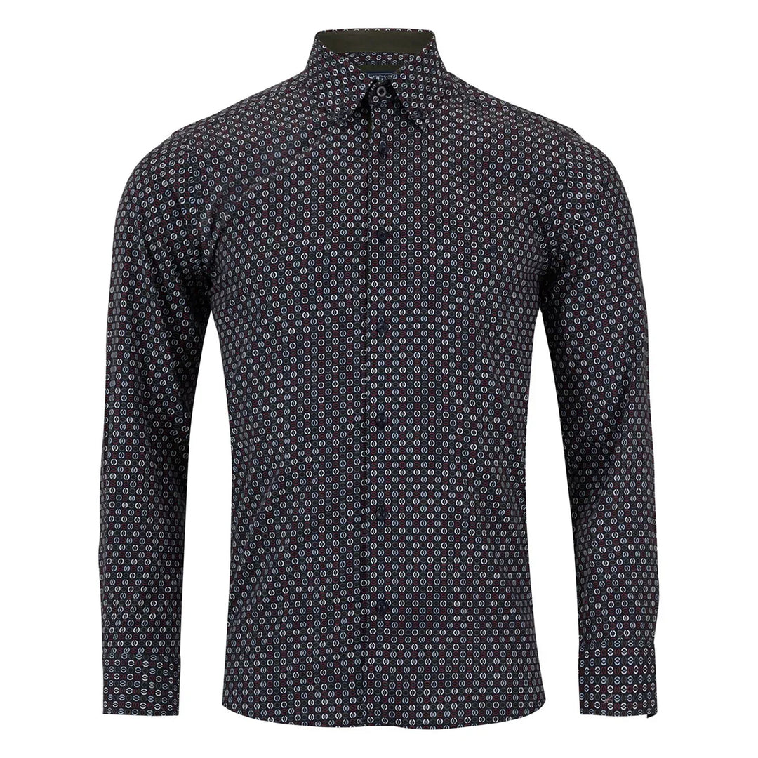 Patterned black shirt on a white background