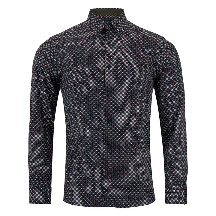 Patterned black shirt on a white background