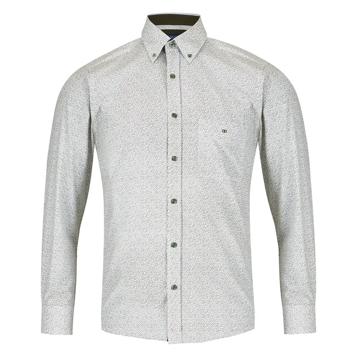 Light green patterned shirt with buttons on a white background