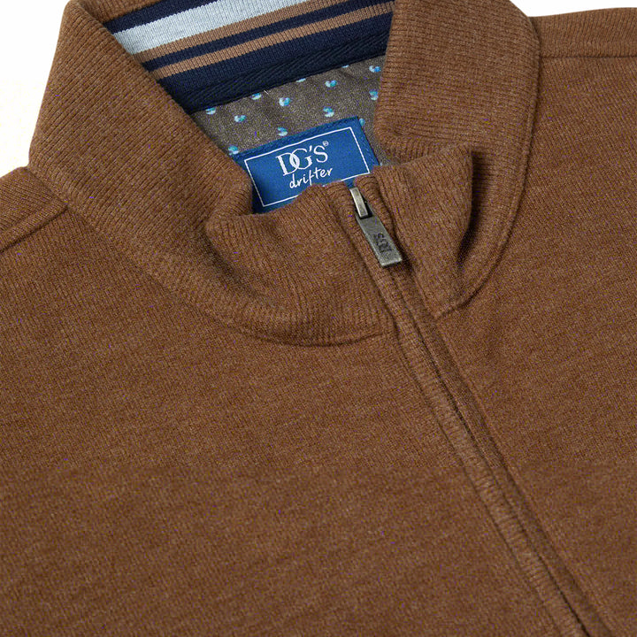 Brown jacket with a brand label on a white background