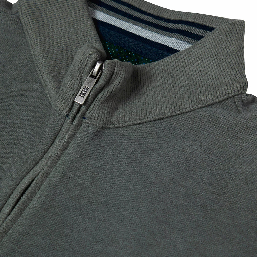 Close-up of a gray sweater with a zipper and brand logo.