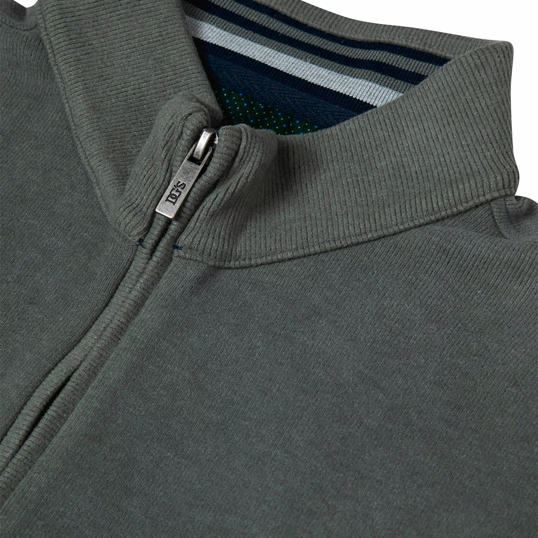 Close-up of a gray sweater with a zipper and brand logo.