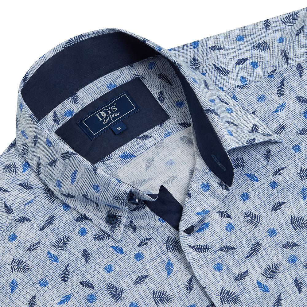 DG's Drifter Ivano 111-14329SS-22 Blue Leaf Print Short Sleeve Shirt - Baks Menswear Bournemouth