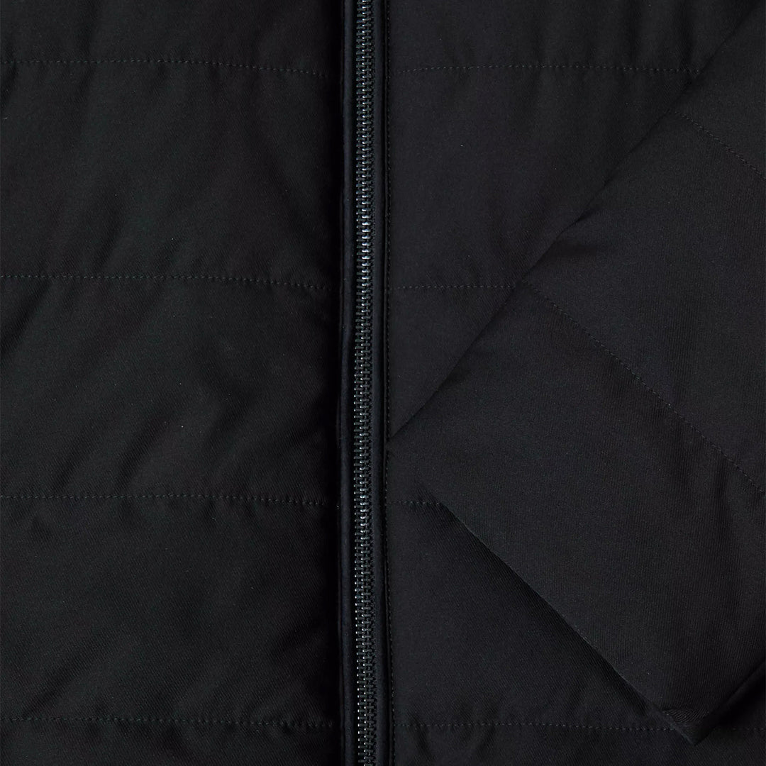 Close-up of a black quilted jacket with a zipper
