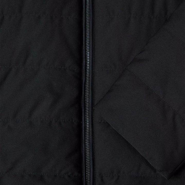 Close-up of a black quilted jacket with a zipper