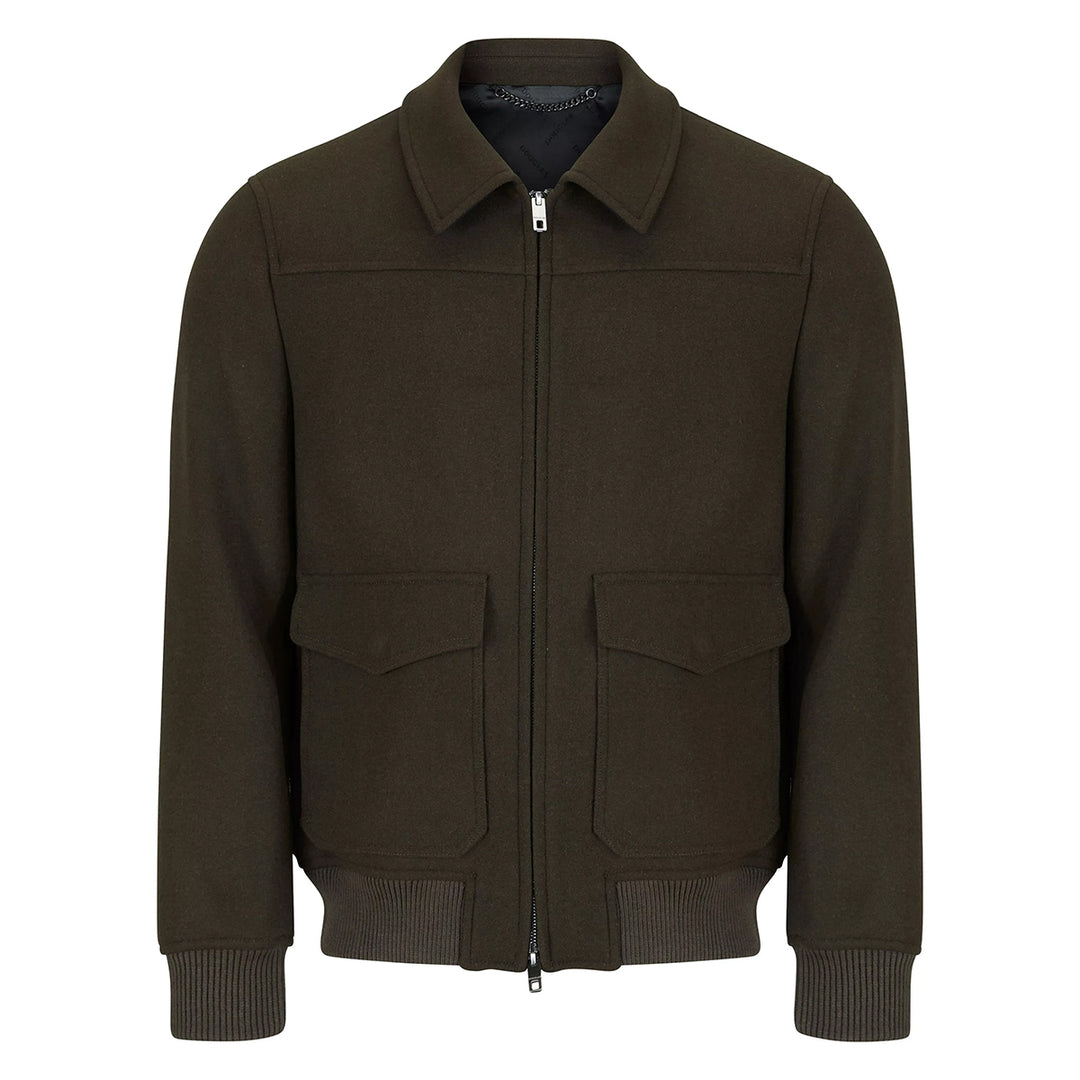 Brown jacket with a collar and two front pockets on a white background