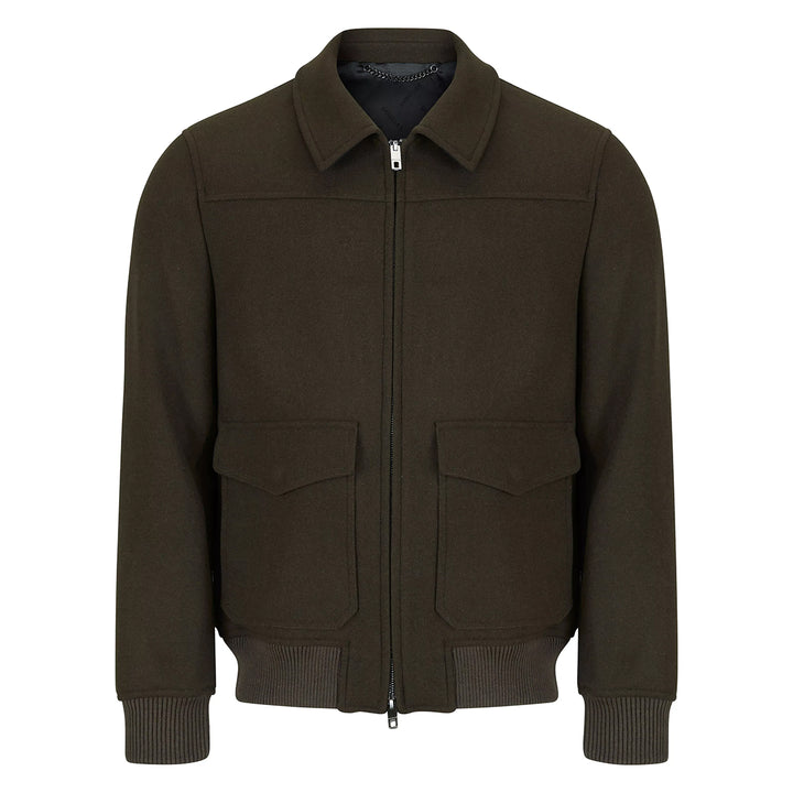 Brown jacket with a collar and two front pockets on a white background