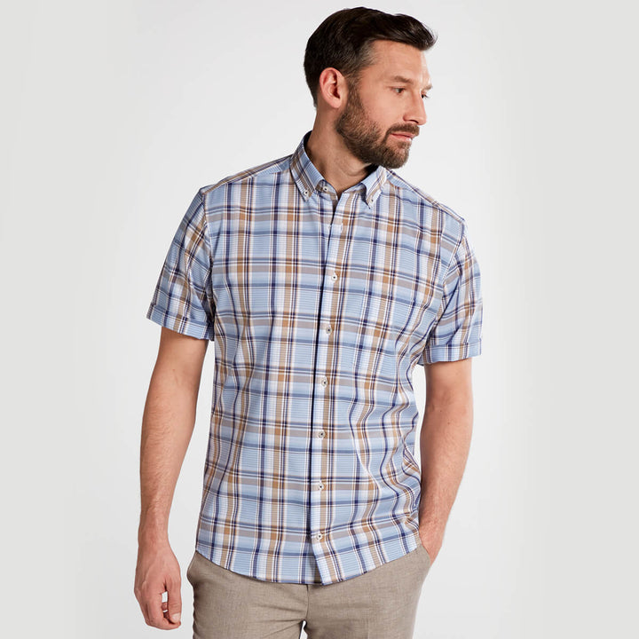 Eterna 1SH02050 3339-18C04U Blue Short Sleeve Check Shirt - Baks Mensawear