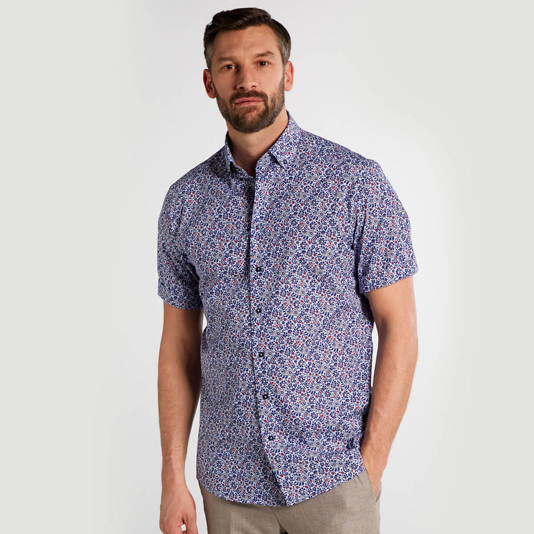 Eterna 1SH03739 3915-18-C17U Blue Floral Short Sleeve Shirt - Baks Menswear